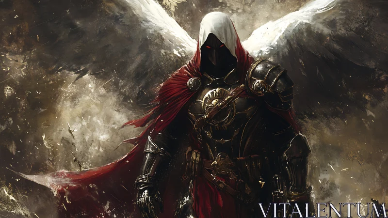 Winged shadow knight rising from a storm of swirling light.