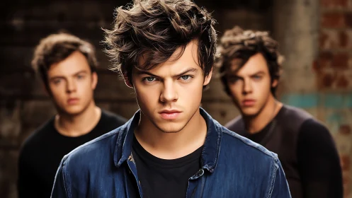 Triadic shallow‑focus portrait isolates central male subject sharply