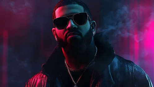 Neon-lit urban portrait with cinematic red teal rim lighting.