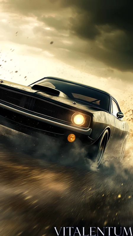 Muscle car stormrunner carving fire across rain-soaked dusk.