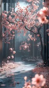 Parametric cherry corridor with suspended glass droplet lumen.