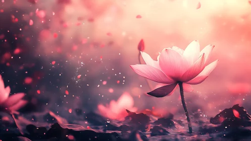 Pink lotus flower blooming in ethereal mist.