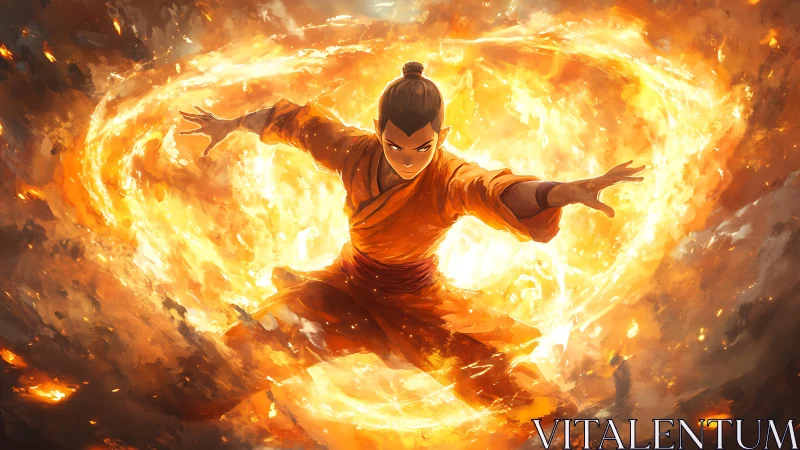 Fire manipulation figure performing dynamic body control against luminous backdrop