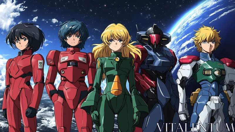 Spacefaring mecha team posed above vivid planet horizon.