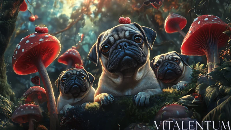 Trio of pugs in luminous mushroom forest rendered realistically