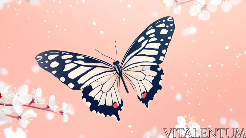 Butterfly with pale wings over soft pink sakura background.