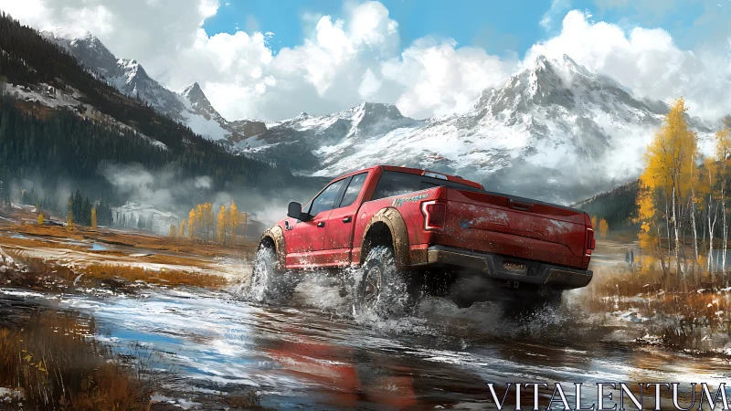 Red off-road pickup powers through alpine river landscape.