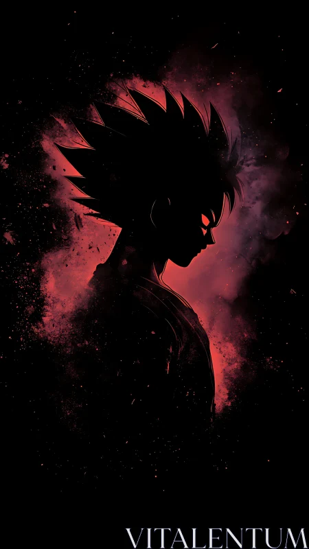 Silhouetted spiky-haired figure in red nebula-like cloud.
