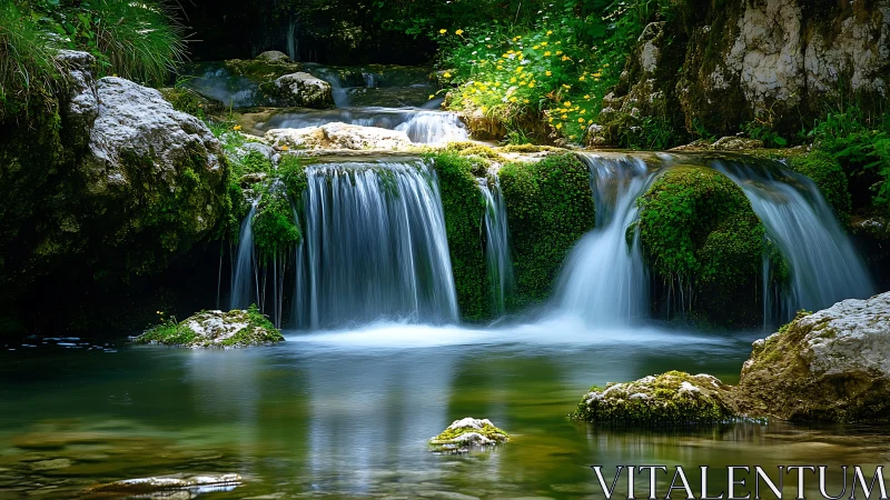 Gentle forest waterfall flows over mossy rocks in soft light