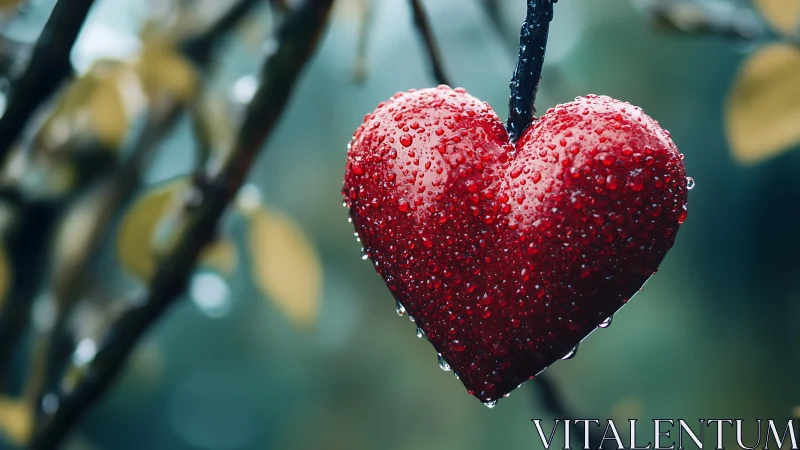 Red heart-shaped object suspended on branch with water droplets.