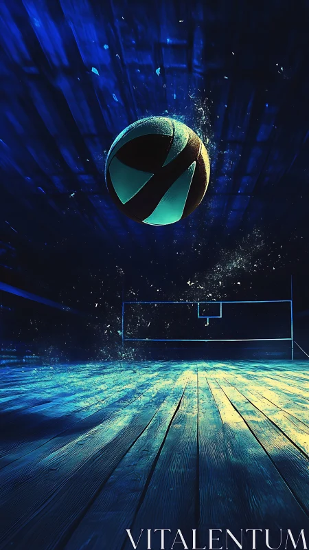 Futuristic basketball court render with glowing cyan light.