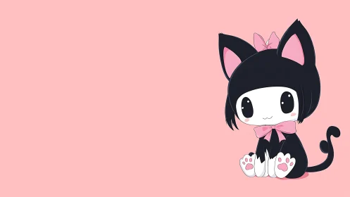 Sweet black cat girl sits shyly on a soft pink backdrop