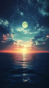 Moonlit sky and sunset over calm open ocean horizon.