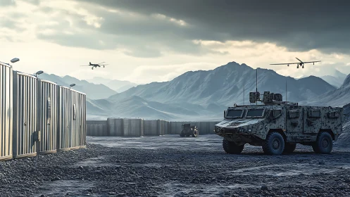 Military base with armored vehicle and surveillance drones.