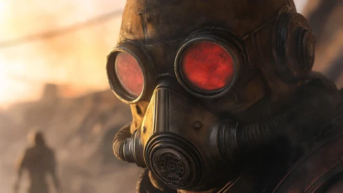 Post-apocalyptic soldier with glowing red goggles stares ahead.