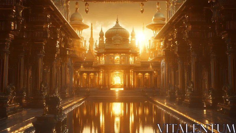 Golden palace corridor reflects sunset light on water