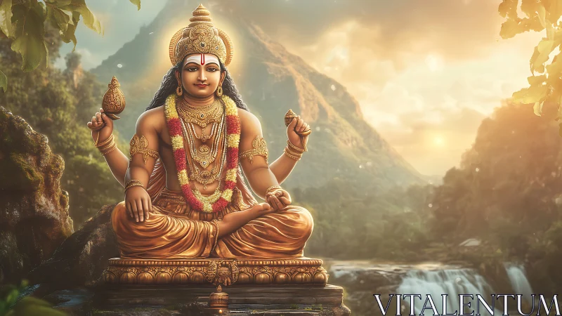 Golden Hindu deity statue before misty mountain waterfall.