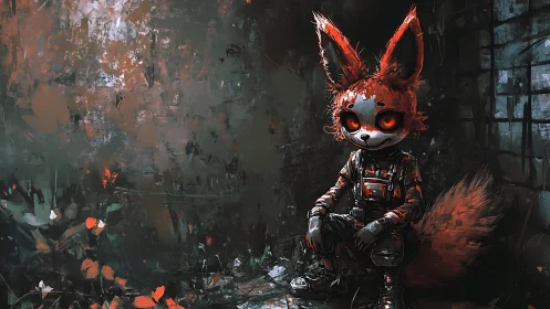 Digital painting of red-eyed fox soldier in grunge environment.