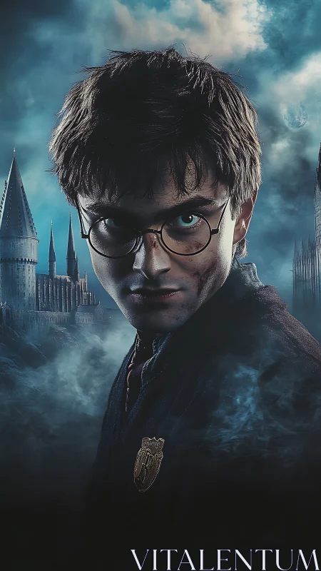 Young male figure stands before gothic towers in dense fog