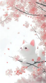 Softly illuminated white kitten amid stylized sakura canopy.