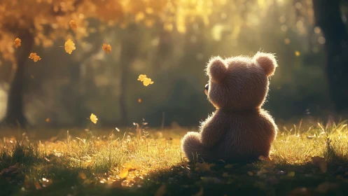 Soft teddy bear in glowing autumn forest light at dusk.