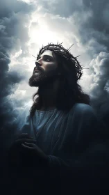 Christ figure crowned with thorns in luminous storm clouds.