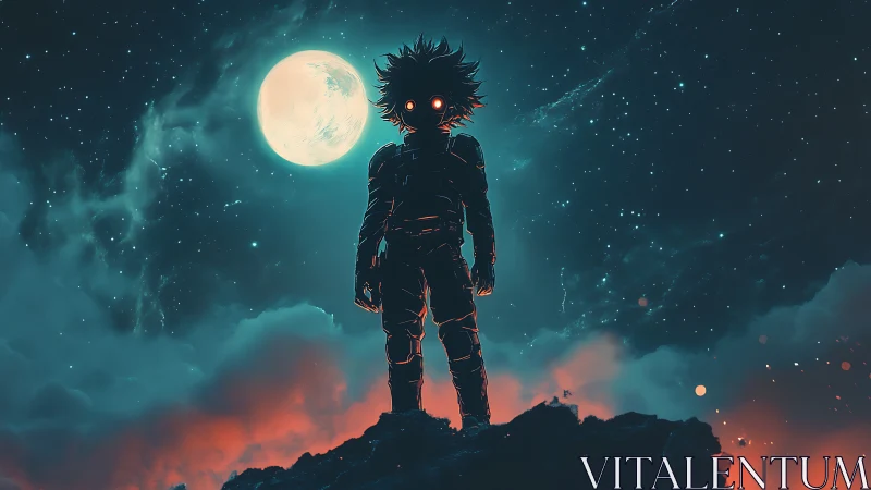 Backlit anime hero silhouetted against lunar night sky.