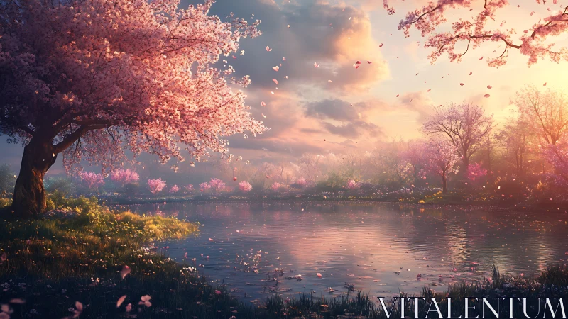 Twilight blossoms drift above a spellbound springtime lake.