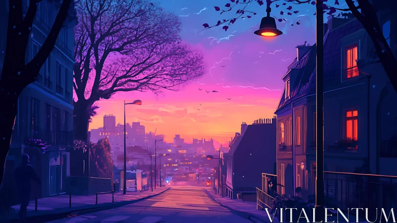 Digital painting of neon dusk city street perspective scene.