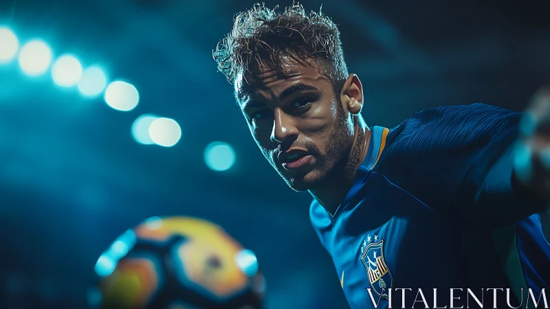 Floodlit soccer forward in blue kit tracking airborne ball
