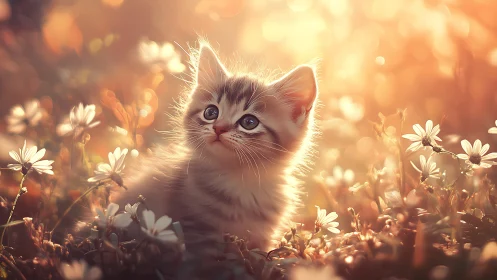 Feline specimen in flowering meadow environment.