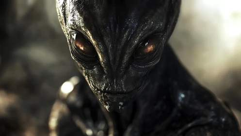 Alien creature portrait shows glossy textured head in focus