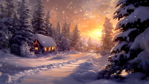 Digital painting of snowbound cabin at golden winter sunset.