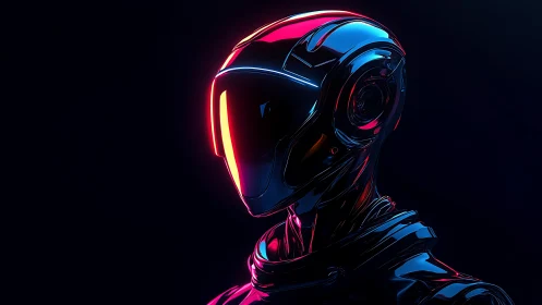 Neon-lit chrome android portrait with glossy reflective helmet.