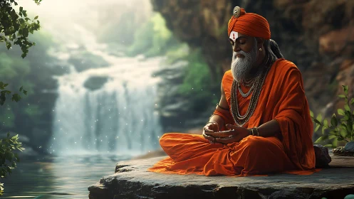 Serene sage in orange robes meditating by forest waterfall.