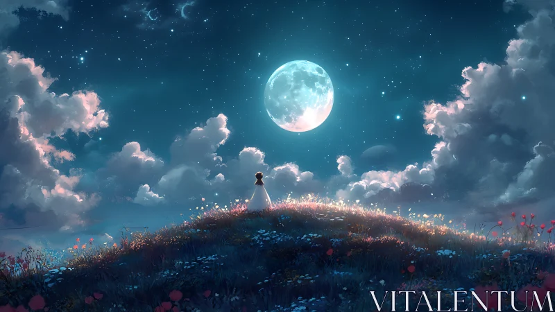 Girl on moonlit hill under stars and drifting clouds.