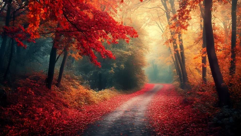 Tree-lined dirt path with crimson autumn foliage and atmospheric light