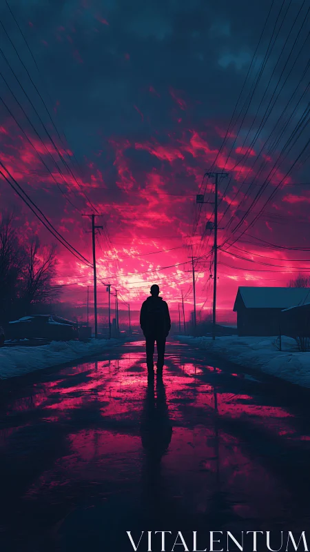 Solitary silhouette under neon magenta winter sky at dusk.