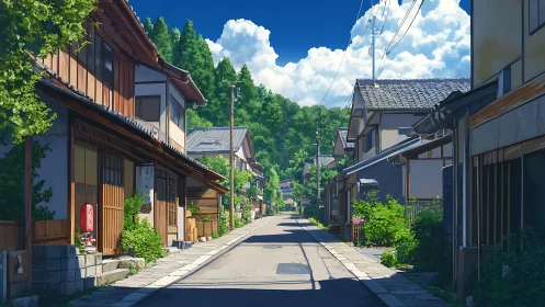 Sunlit village street unfolds under bright summer sky