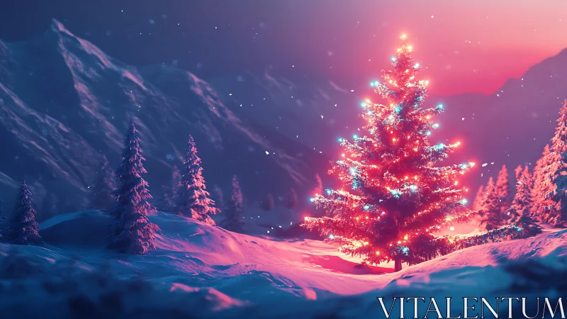 Chromatic illumination of alpine conifer under nocturnal snowfall.