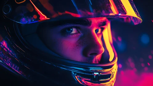 Neon racer&rsquo;s gaze blazing through chrome-lit visor night.