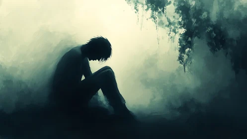 Silhouetted seated figure in misty teal abstract environment.