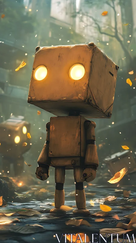 Gentle boxy robot wandering through golden autumn light.