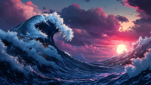 Crashing ocean wave meets neon pink sunset horizon glow.