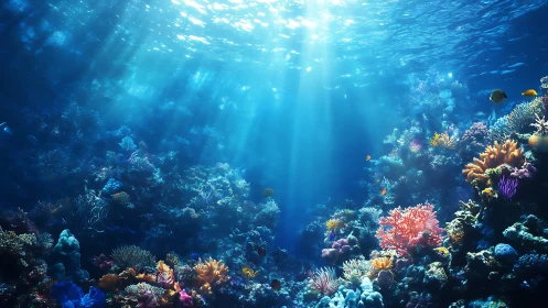 Sunlit tropical coral reef with diverse marine biodiversity