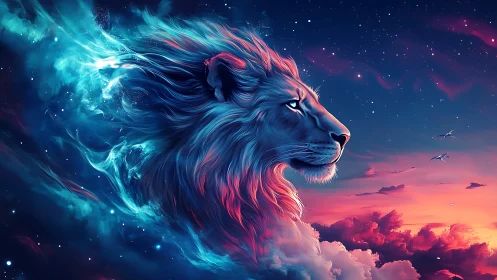 Celestial lion profile in neon-gradient astral clouds.