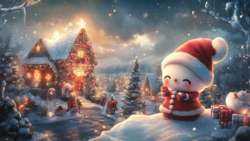 Snow-covered village scene shows stylized winter character