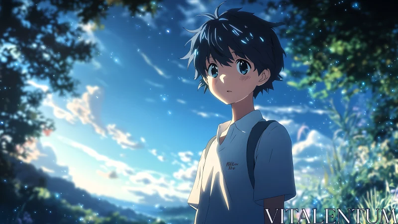 Anime boy in luminous twilight forest rendered with soft bokeh