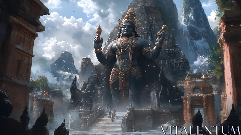 Majestic mountain temple welcomes a towering serene deity
