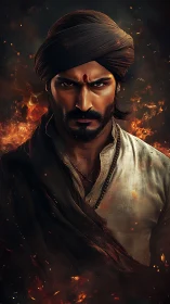 Storm-eyed warrior in ember-swirled twilight resolve.